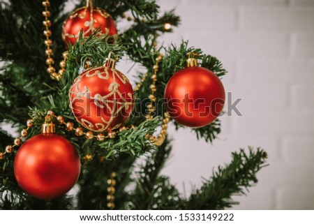 christmas tree ornaments and balls detail
