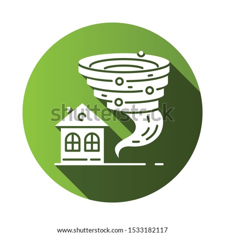 Tornado green flat design long shadow glyph icon. Twister spiral funnel approaching house. Cyclone dangerous for building. Destructive hurricane. Storm. Typhoon. Vector silhouette illustration