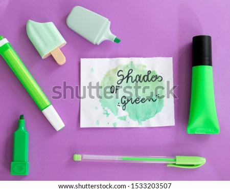 Flat lay stylish set. School stationery. Back to school concept. Top view of modern bright school supplies on table.  Trendy back to school mock up with handmade motivational quotes.