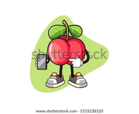 Acerola hold smartphone mascot design vector. Cartoon character illustration for business, t shirt, sticker.