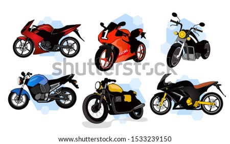 vector illustration set of variant sport motorcycle in shape, perspective and colors. Looks in perspective. With a white background, isolated.