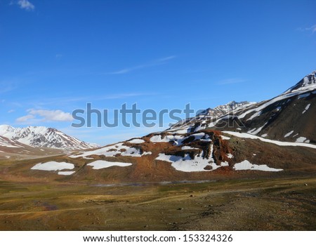 Beautiful nature scenery of high mountain plateau covered with melting snow against the background of clear blue sky in Himalaya mountains, Ladakh range, Jammu & Kashmir, Northern India, Central Asia