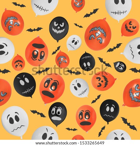 Halloween orange festive seamless pattern. Endless background balloons with scary face, bats, ghosts. Seamless pattern with orange halloween Balloons. Halloween decorations concept seamless pattern