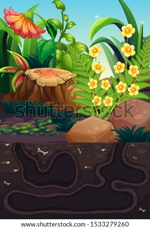 Nature scene with flowers and hole underground illustration