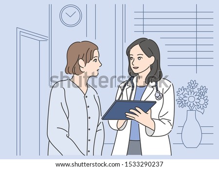 The female doctor is talking to a female patient by showing a chart. hand drawn style vector design illustrations.