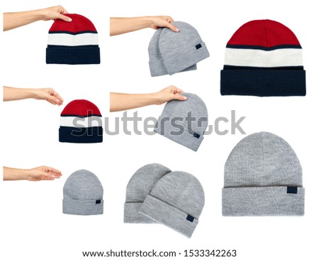 Hand with cotton hat, headgear for cold seasons, set and collection. Isolated on white background