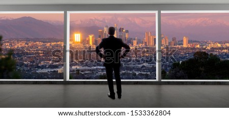 Businessman wearing a suit looking at the buildings of downtown Los Angeles from an office window.  The man looks like a politician mayor, or an architect or a real estate developer working in LA