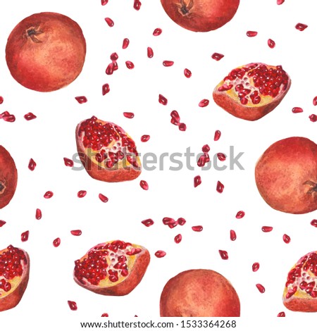 Seamless botanical pattern with red fruits on a white background. Watercolor illustration - juicy ripe pomegranate.
