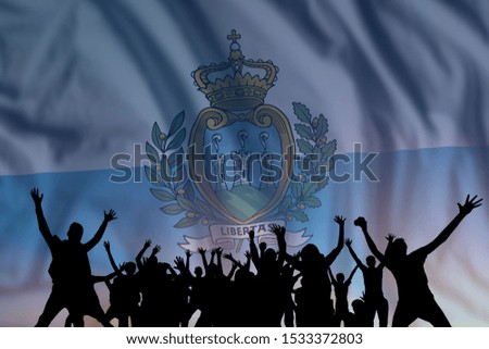 Peoples silhouette on flag and sky background, day of San Marino, independence holiday 