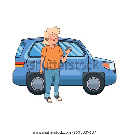cartoon teenager boy and car icon over white background, colorful design. vector illustration