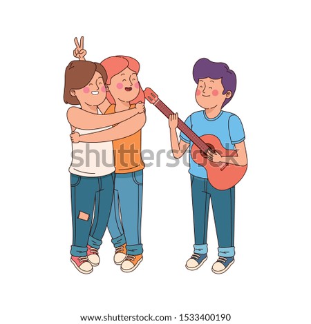 hugged cartoon teen girls and boy playing guitar over white background, vector illustration