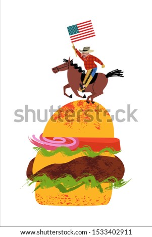 Cowboy riding a horse with an American flag in his hand. Big hamburger. Vector illustration on white background.