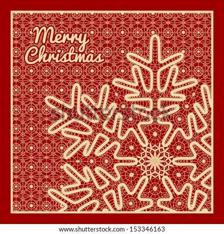 Beautiful vector Christmas card with vintage lace snowflake style handmade lace. Beige lace on red background.