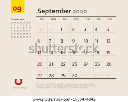 Design concept layout September 2020 calendar stationary design template. Corporate and business template design. Week starts on Sunday. Vector illustration. Isolated background.
