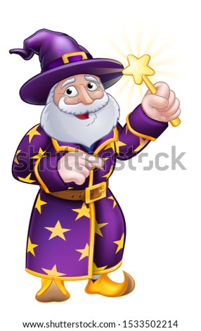 A cute wizard cartoon character pointing and waving with magic wand