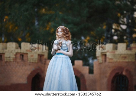 beautiful girl walks with an owl on the background of the castle