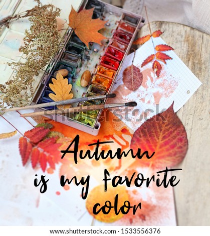 autumn is my favorite color. watercolor paints, brushes and bright dry leaves on table. symbol of autumn time and art creative. fall season concept. Top view