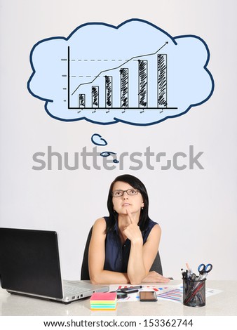 thinking businesswoman in office and speech bubbles