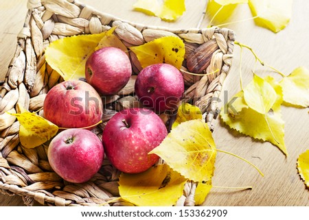 Fresh harvest of apples. Nature theme with red grapes and basket on wooden background. Nature fruit concept.