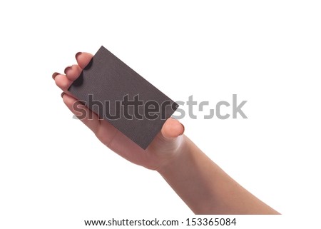 Businesswoman's hand holding blank paper business card, closeup isolated on white background