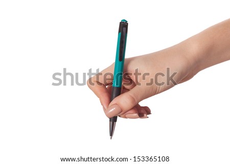 Hand is holding a pen writing on the white background