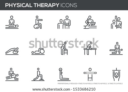 Physical Therapy Vector Line Icons Set. Rehabilitation Treatment, Therapeutic, Physiotherapy, Recuperation. Perfect pixel icons, such can be scaled to 24, 48, 96 pixels. Royalty-Free Stock Photo #1533686210