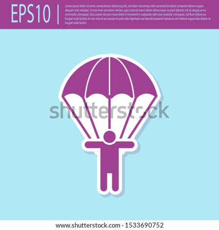 Retro purple Parachute and silhouette person icon isolated on turquoise background.  Vector Illustration