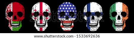 Skulls set. Humans skulls with flags isolated on black background