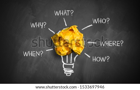 crumpled paper on a blackboard with the words "when, why, what, who, where, how" Royalty-Free Stock Photo #1533697946