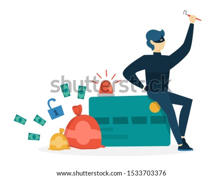 Thief steal money from credit card. Cyber crime and hacking concept. Data privacy in danger. Isolated  illustration in cartoon style