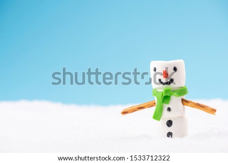 Funny Snowman Made of Marshmallow in Winter Holiday Scenery.
