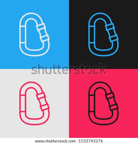 Color line Carabiner icon isolated on color background. Extreme sport. Sport equipment. Vintage style drawing. Vector Illustration