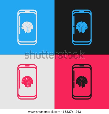 Color line Smartphone with fingerprint scanner icon isolated on color background. Concept of security, personal access via finger on mobile phone. Vintage style drawing. Vector Illustration