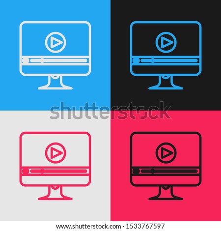 Color line Online play video icon isolated on color background. Computer monitor and film strip with play sign. Vintage style drawing. Vector Illustration