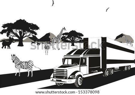 Trucks crossing the wild landscape