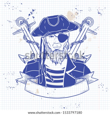 Sketch pirate face with anchor, mustaches and pirate hat. Poster, flyer design on a notebook page