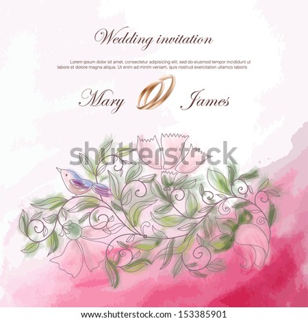 wedding invitation with a pattern from branches, leaves, flowers and birds.