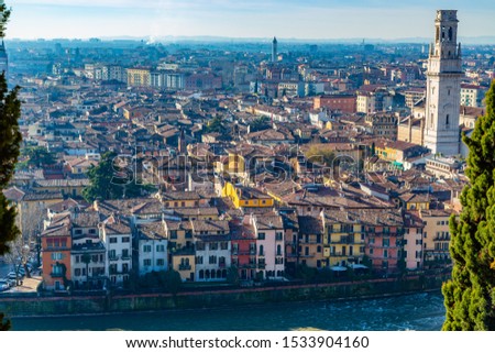 Verona cityscape with Cathedral Santa Maria Matricolar, Cathedral of Verona) from Castel San Pietro, Verona, Italy