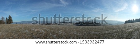 Winter panoramatic picture of czech hills taken nearby small village Mladkov. Highest hill on the picrure is Suchy vrch - 995 meters above the sea level.