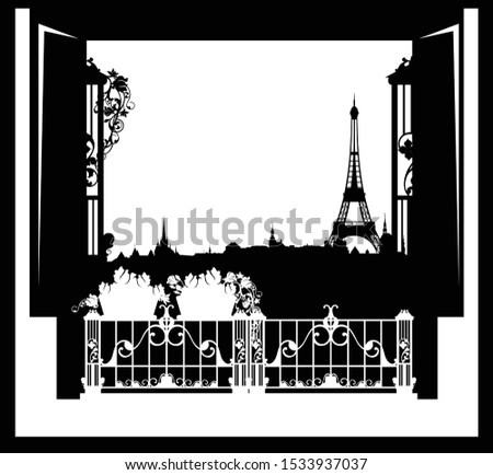 open balcony window with rose flowers pots and view over Paris - eiffel tower and city skyline black vector silhouette design