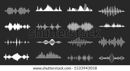 Sound waves. Playing song visualisation, radio frequency lines and sounds amplitudes. Abstract music wave, stereo equalizer and volume levels vector set. Monocolor audio soundtrack, musical vibrations Royalty-Free Stock Photo #1533943058