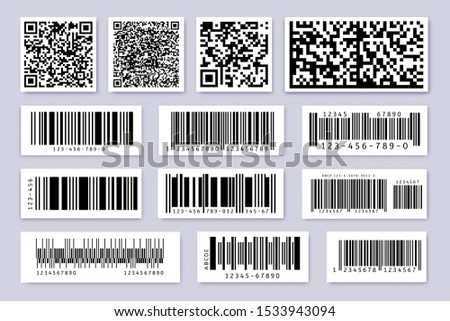 Barcode labels. Product label bar sticker, barcodes badges and industrial qr code isolated symbols vector set. Identification codes for product selling, goods tracking and inventory id tags