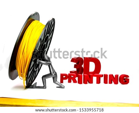 Plastic filament in a coil and the lettering of red letters, created using a 3D printing technology. Holding by a plastic man created using 3D printing. ABS / PLA plastic. Photo isolated on white.