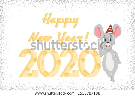 Happy New Year and Christmas 2020 greeting card on a white background with a funny mouse symbol. Used as a greeting card, flyer, poster, calendar. Landing page. Vector.

