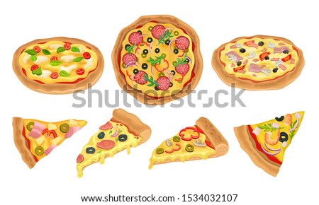 Italian Pizza Vector Illustrated Set. Colorful Restaurant Tasty Isolated Nutrition