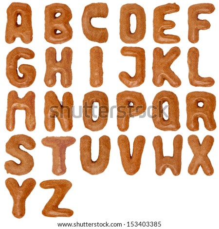 collection alphabet from chocolate cookie isolated on white background with clipping path