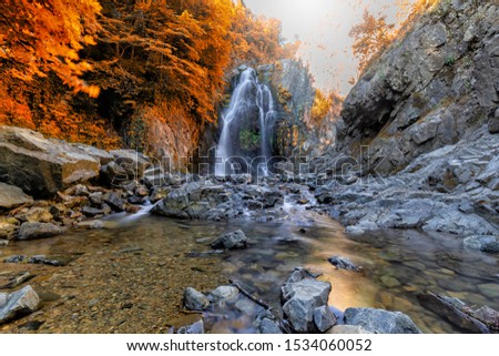 Autumn time. Waterfall flowing among colorful trees. 