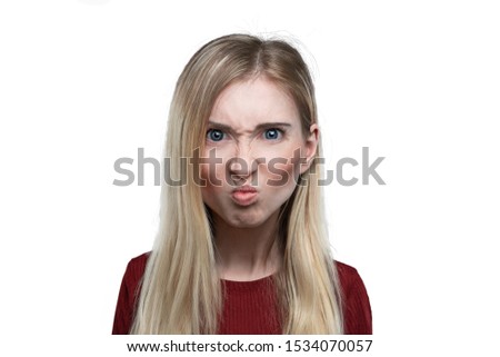 woman with cartoon big head on a white background