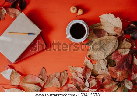 Red and yellow autumn leaves book of tea cup of coffee and breakfast