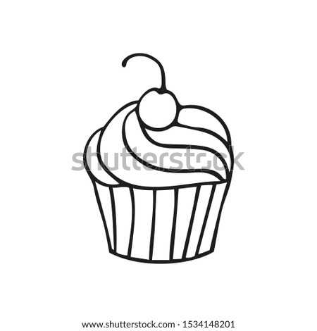 Single hand-drawn cupcake with cherry. In doodle style, black outline isolated on a white background. For banners, cards, stickers, coloring books, design, business. Vector illustration.